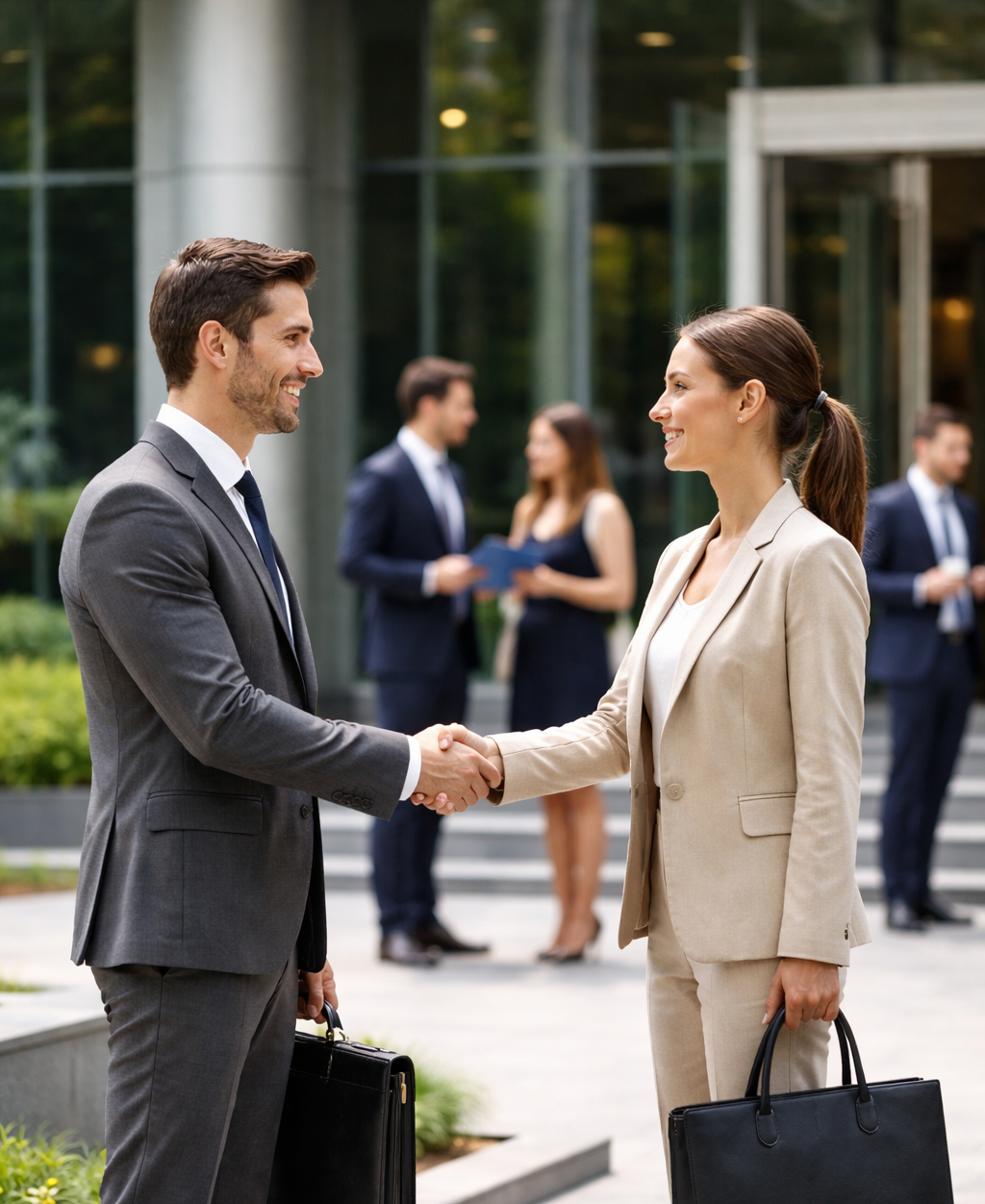 a business man and a business woman shaking hands